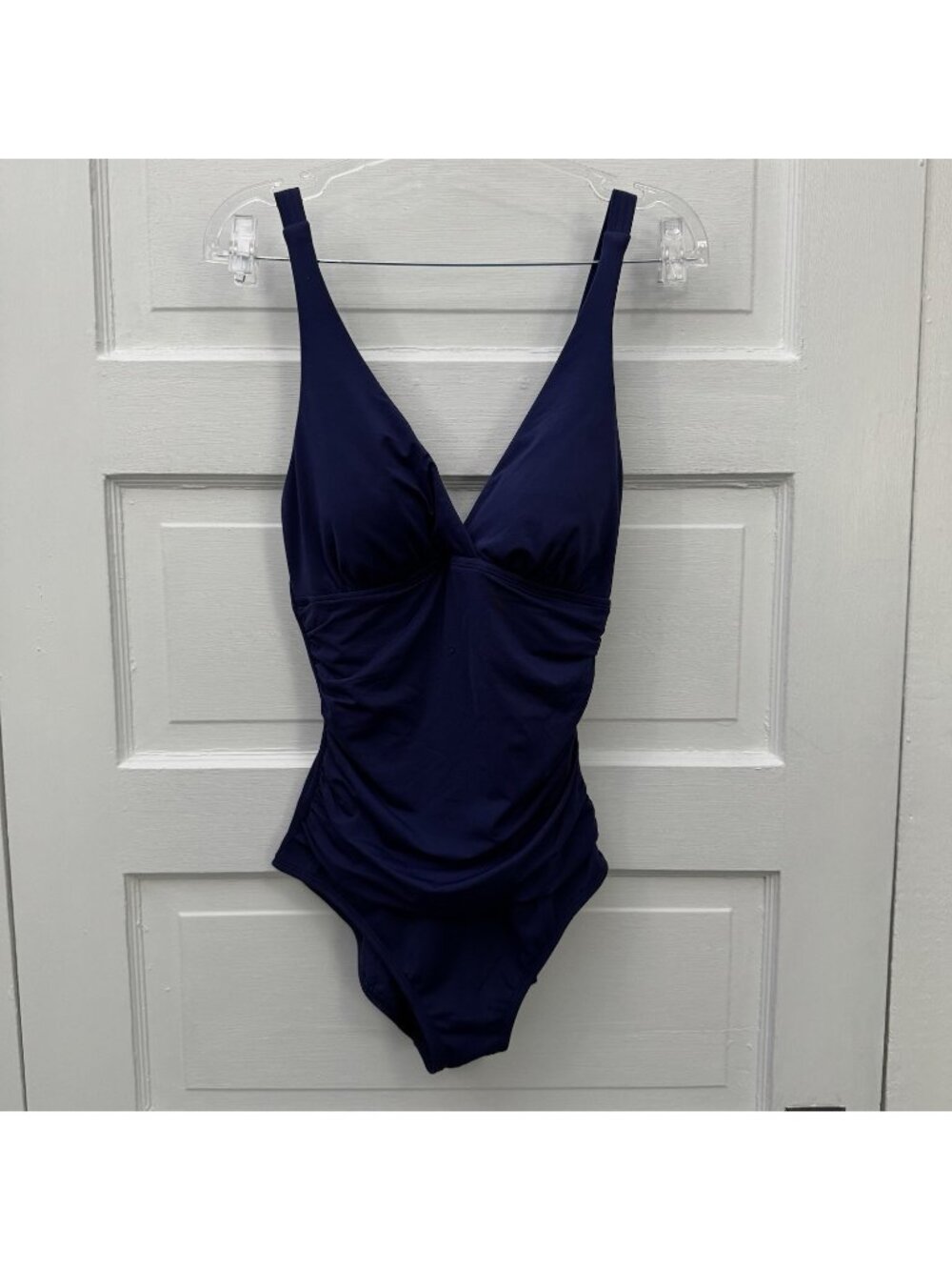 Jantzen Womens 10 Navy Tummy Control One Piece Swimsuit Ruched V Neck